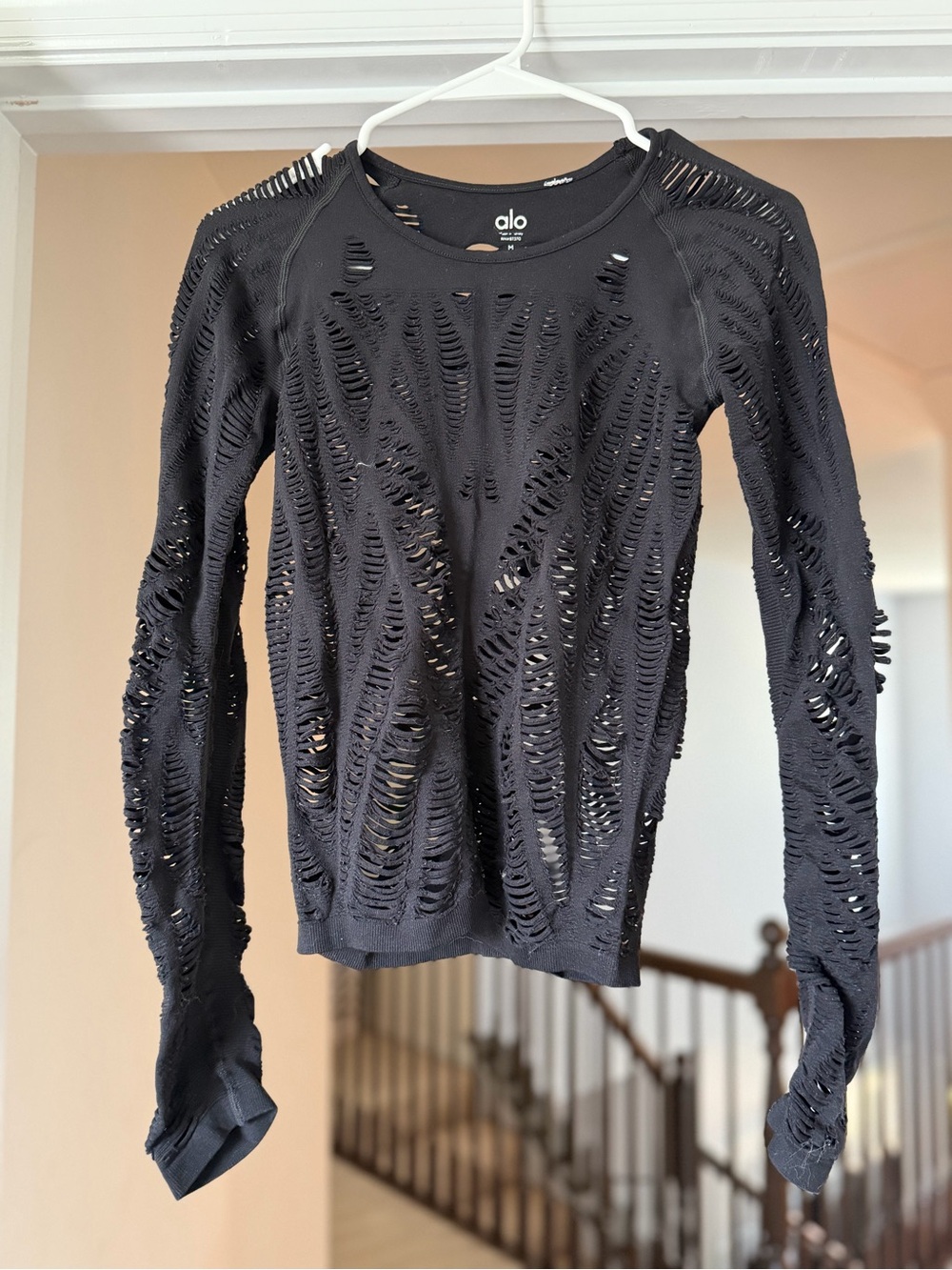 ALO Yoga Black Distressed Long Sleeve Pullover